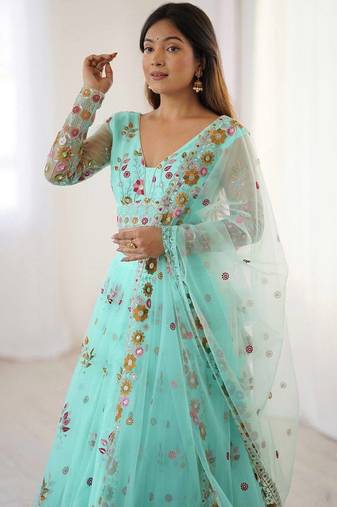 Aqua Blue Color Thread With Sequence Work Net Lehenga Choli