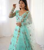 Aqua Blue Color Thread With Sequence Work Net Lehenga Choli