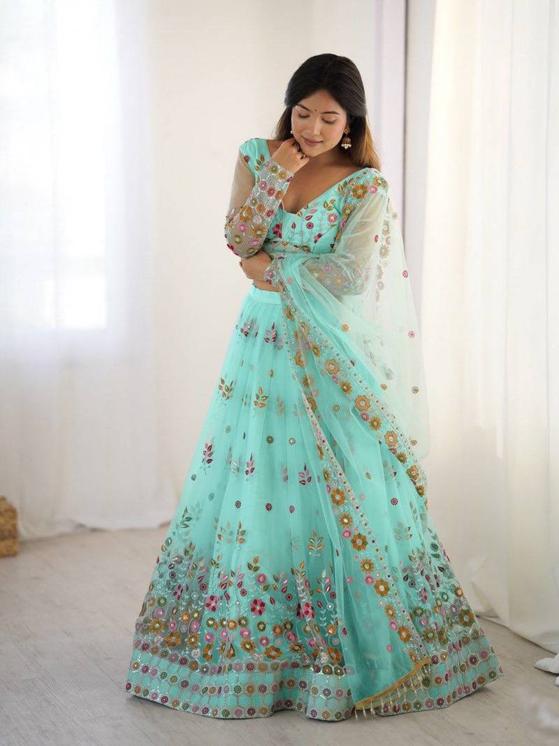 Aqua Blue Color Thread With Sequence Work Net Lehenga Choli