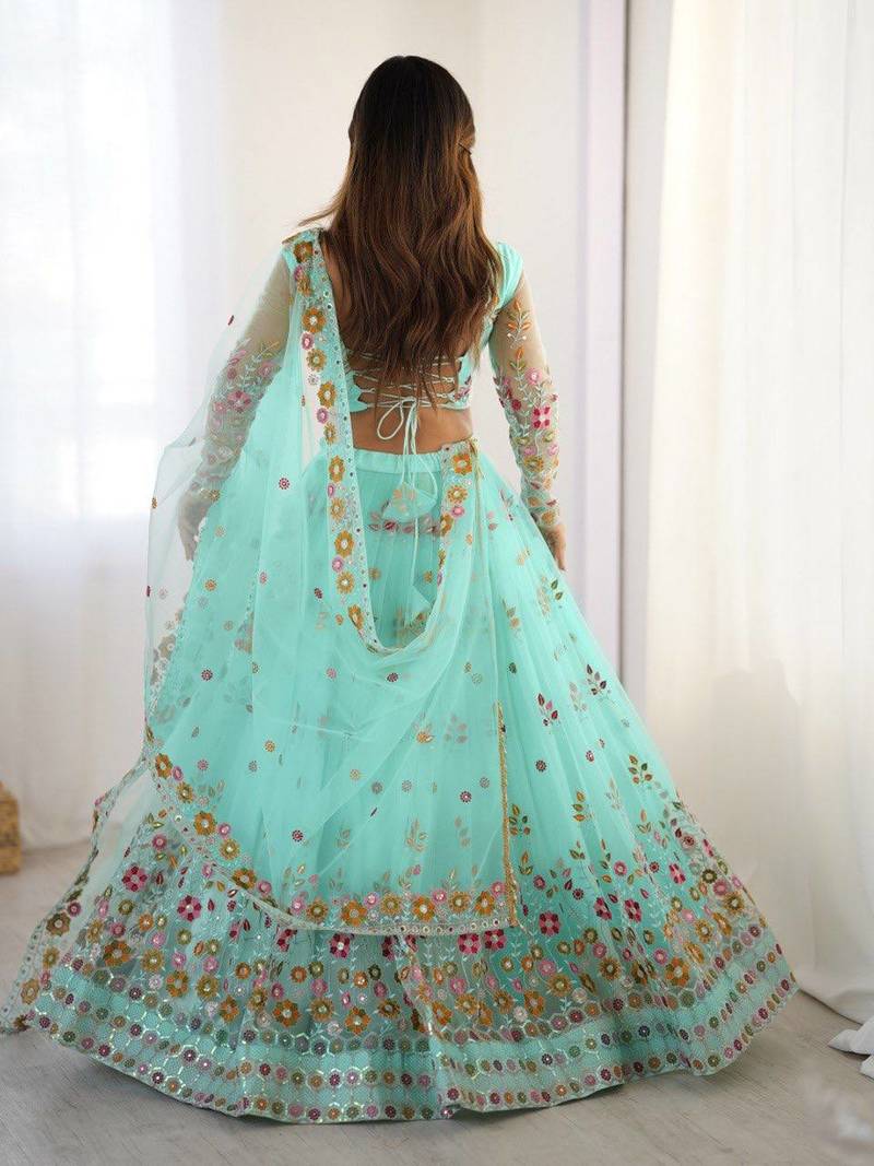 Aqua Blue Color Thread With Sequence Work Net Lehenga Choli