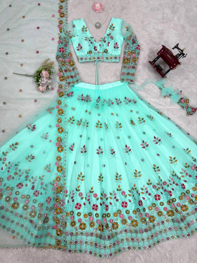 Aqua Blue Color Thread With Sequence Work Net Lehenga Choli