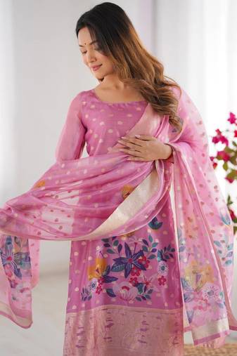 Pink Color Printed And Jacquard Work Chanderi Silk kurti Pant Set