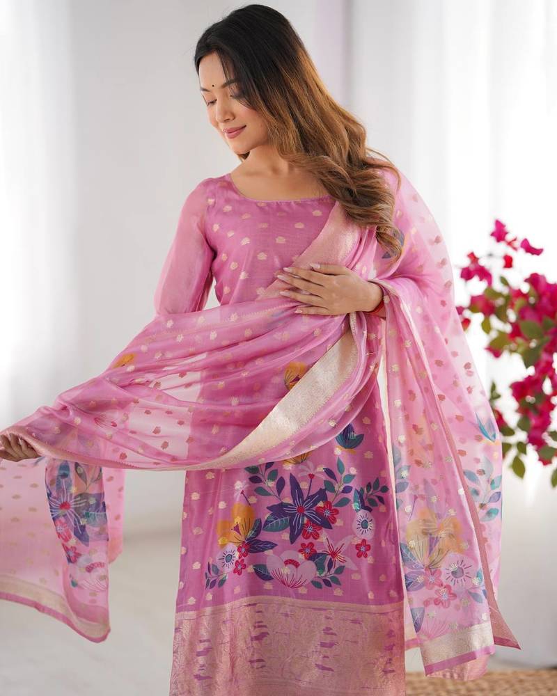 Pink Color Printed And Jacquard Work Chanderi Silk kurti Pant Set