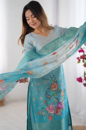 Sky Blue Color Printed And Jacquard Work Chanderi Silk kurti Pant Set