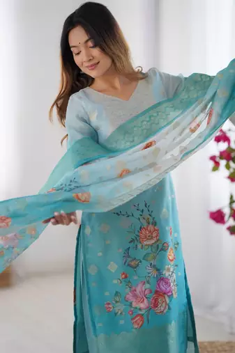 Sky Blue Color Printed And Jacquard Work Chanderi Silk kurti Pant Set