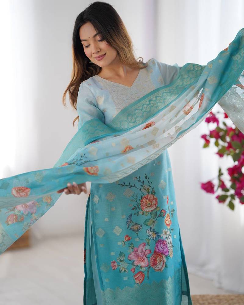 Sky Blue Color Printed And Jacquard Work Chanderi Silk kurti Pant Set