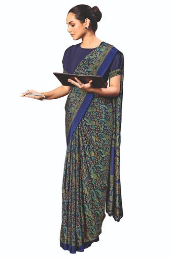 Blue crepe silk printed saree with unstitched blouse