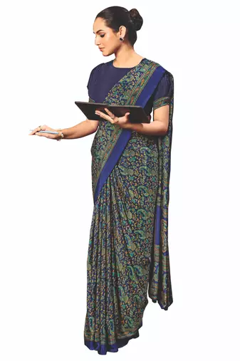 Blue crepe silk printed saree with unstitched blouse