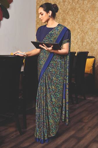 Blue crepe silk printed saree with unstitched blouse