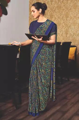 Blue crepe silk printed saree with unstitched blouse