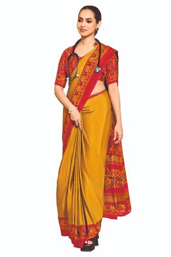 Yellow- crepe silk with traditional print saree with unstitched blouse piece