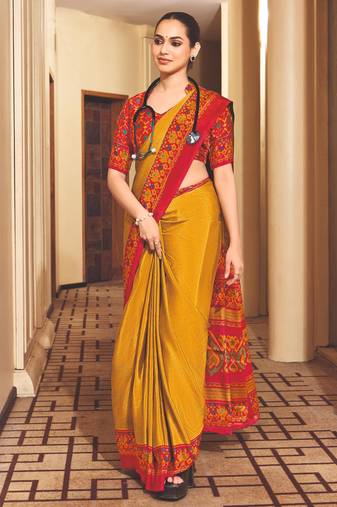 Yellow crepe silk printed saree with unstitched blouse