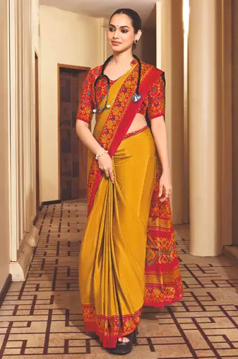 Yellow crepe silk printed saree with unstitched blouse