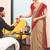 Cream crepe silk with traditional print saree with unstitched blouse piece