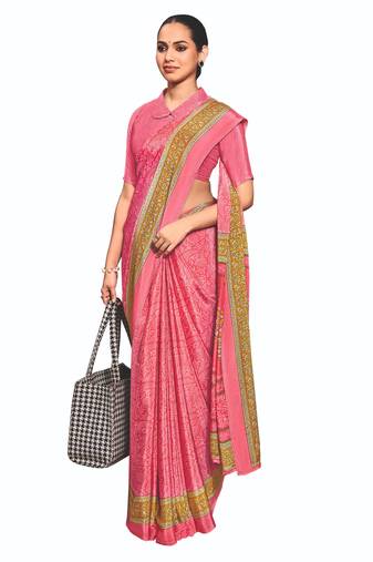 Pink  crepe silk printed saree with unstitched blouse