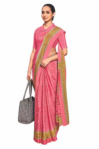 Pink  crepe silk printed saree with unstitched blouse