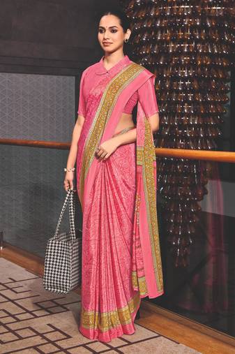 Pink  crepe silk printed saree with unstitched blouse