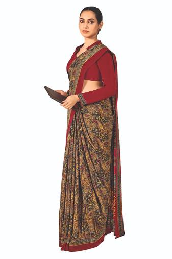 Mustard crepe silk with traditional print saree with unstitched blouse piece