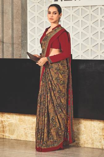Mustard crepe silk printed saree with unstitched blouse