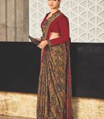 Mustard crepe silk printed saree with unstitched blouse