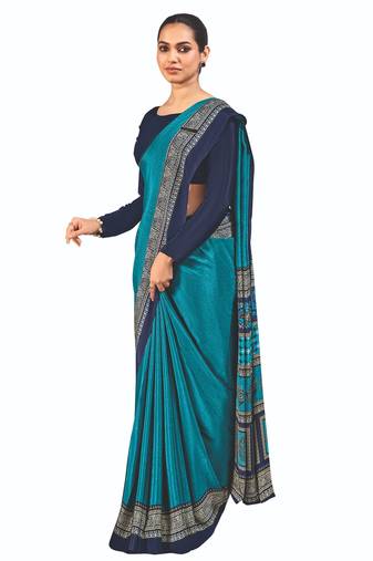 Blue crepe silk printed saree with unstitched blouse