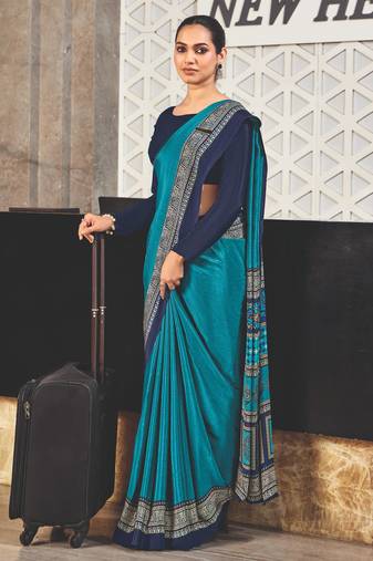 Blue crepe silk printed saree with unstitched blouse