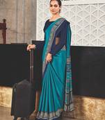 Blue crepe silk printed saree with unstitched blouse
