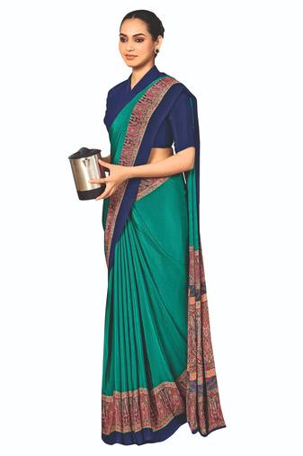 Green crepe silk with traditional print saree with unstitched blouse piece