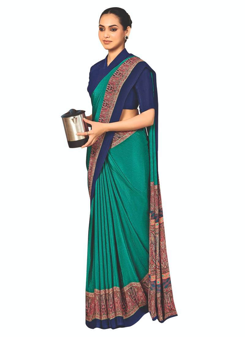 Green crepe silk with traditional print saree with unstitched blouse piece