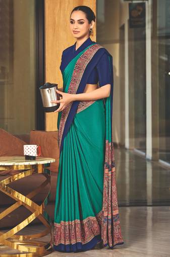 Green crepe silk printed saree with unstitched blouse
