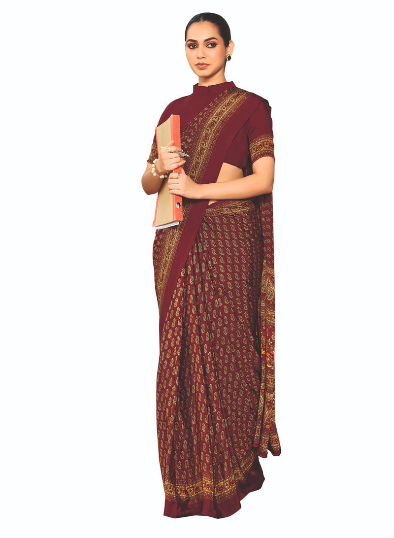 Red crepe silk with traditional print saree with unstitched blouse piece