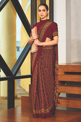 Red crepe silk printed saree with unstitched blouse