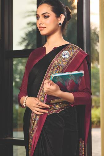 Black crepe silk printed saree with unstitched blouse