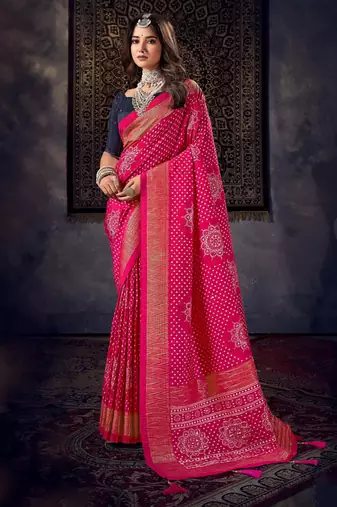 Rani dolla silk blend foil print zari border work saree with unstitched blouse
