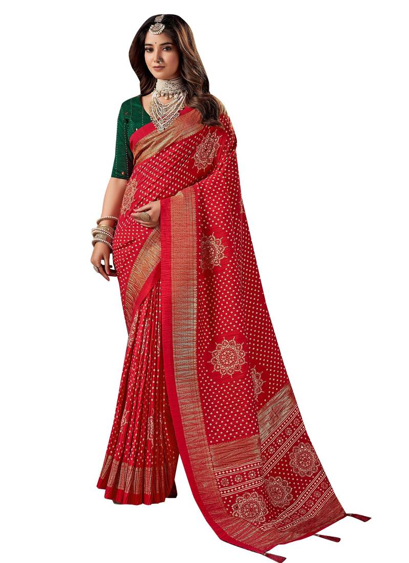 Green dolla silk foil print zari border work saree with unstitched blouse piece