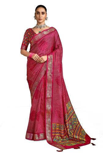 Pink velvet tussar silk blend foilprint saree with unstitched blouse