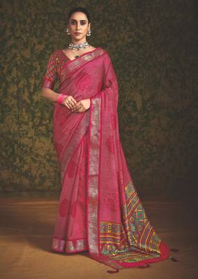 Pink velvet tussar silk blend foilprint saree with unstitched blouse 1