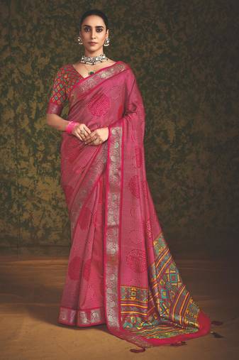 Pink velvet tussar silk blend foilprint saree with unstitched blouse