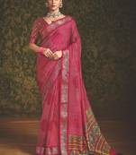 Pink velvet tussar silk blend foilprint saree with unstitched blouse