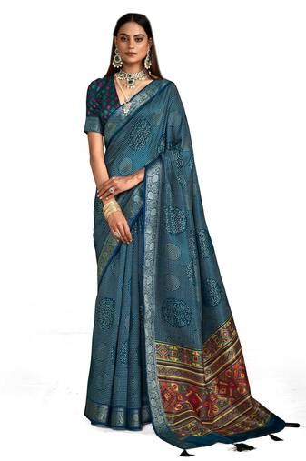 Blue velvet tussar silk blend foilprint saree with unstitched blouse