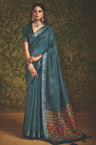 Blue velvet tussar silk blend foilprint saree with unstitched blouse