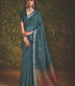 Blue velvet tussar silk blend foilprint saree with unstitched blouse