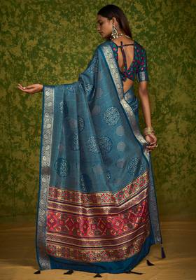 Blue velvet tussar silk blend foilprint saree with unstitched blouse 3