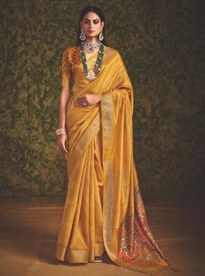 Yellow-firoji velvet tussar silk blend foilprint saree with unstitched blouse 1