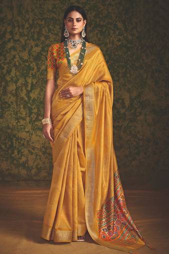 Yellow-firoji velvet tussar silk blend foilprint saree with unstitched blouse