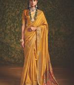 Yellow-firoji velvet tussar silk blend foilprint saree with unstitched blouse