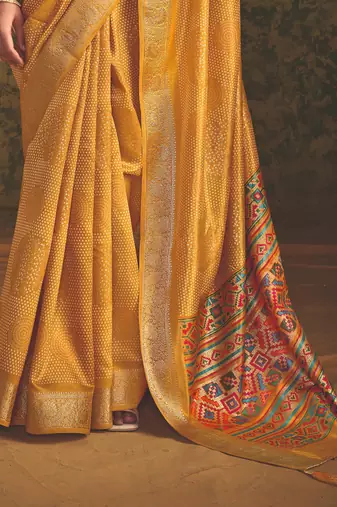 Yellow-firoji velvet tussar silk blend foilprint saree with unstitched blouse