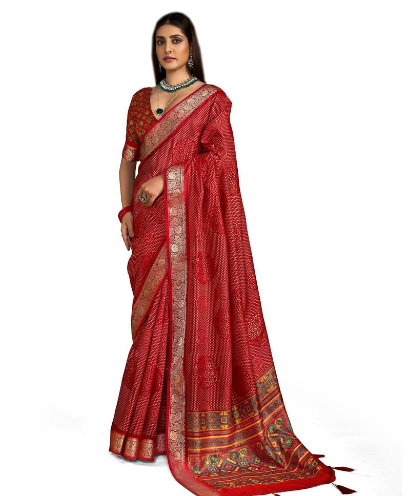 Red velvet tusser silk with foilprint saree with unstitched blouse piece