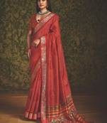 Red velvet tussar silk blend foilprint saree with unstitched blouse