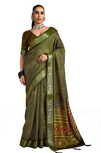 Mehendi green velvet tussar silk blend foilprint saree with unstitched blouse